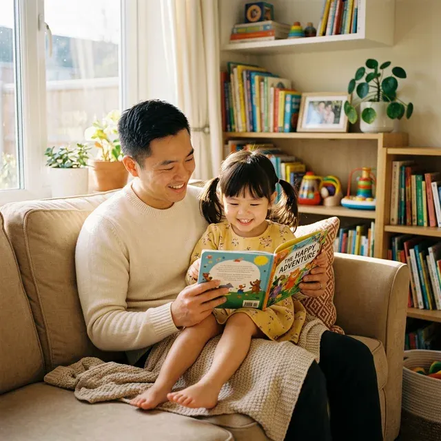 父亲与女儿在沙发上温馨共读绘本