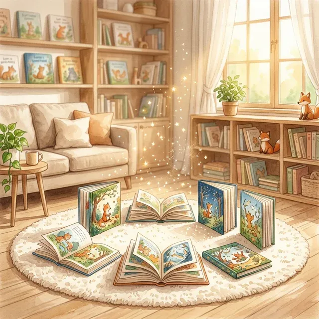 温馨阳光的儿童阅读角，绘本与魔法金色光芒